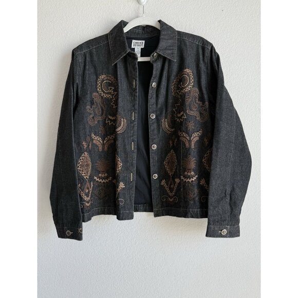 Chico's Black Denim Jacket Embroidered Beaded Boho Western Vintage Size Large - Picture 11 of 11